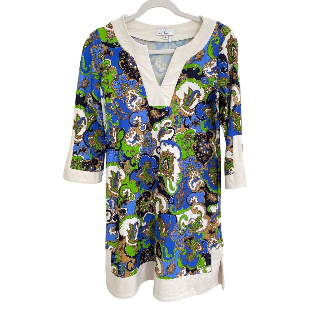 Jude Connally Megan Jude Cloth Paisley Blue Green Print Mini Dress Notch Neck S
